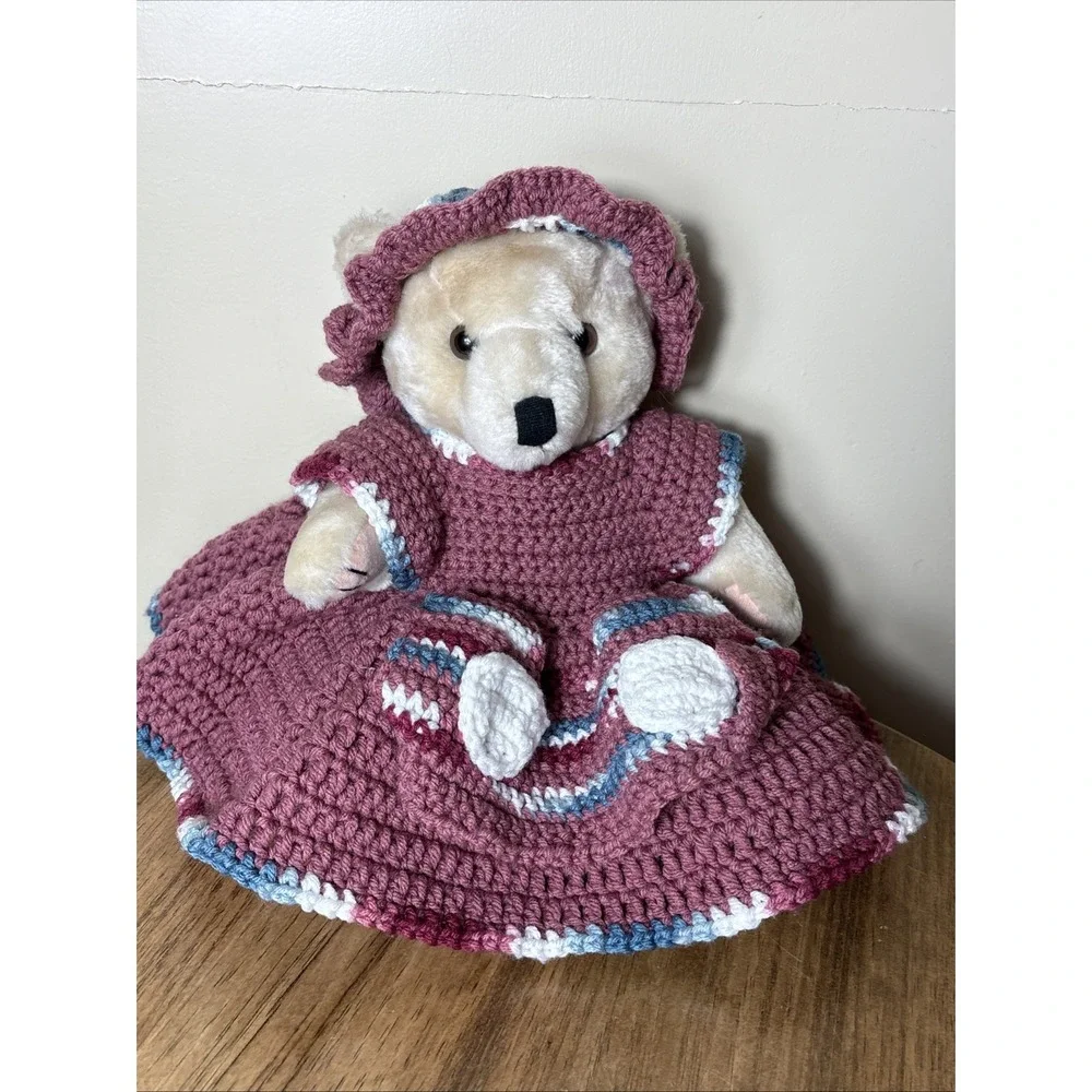 Bear In Handmade Crochet Dress W/ Hat Bear Has Movable Arms & Legs